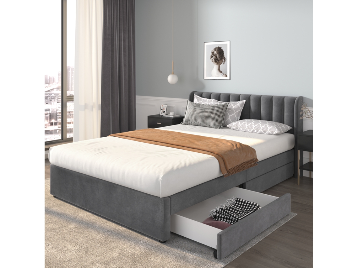 Cama Estofada 160 X 200 Cm Veludo Com Base De Ripas Encosto 2 Gavetas, Cinza-op