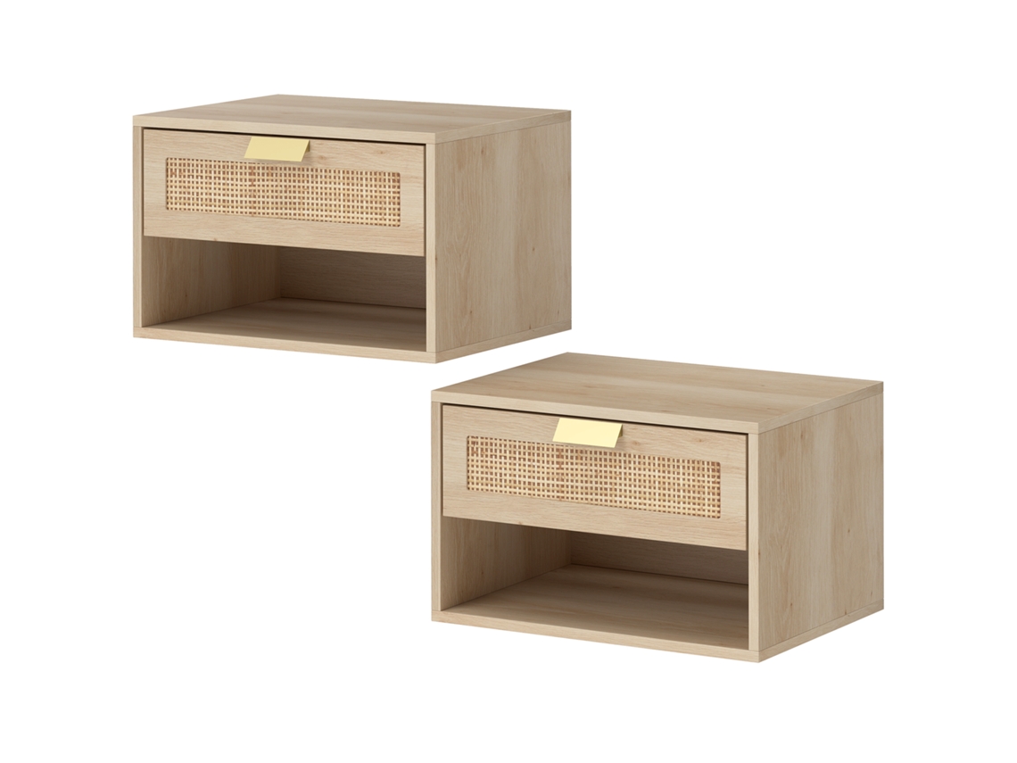Conjunto De 2 Mesas De Cabeceira Suspensas Com Gaveta De Vime E Prateleira, 40x30x25 Cm, Carvalho