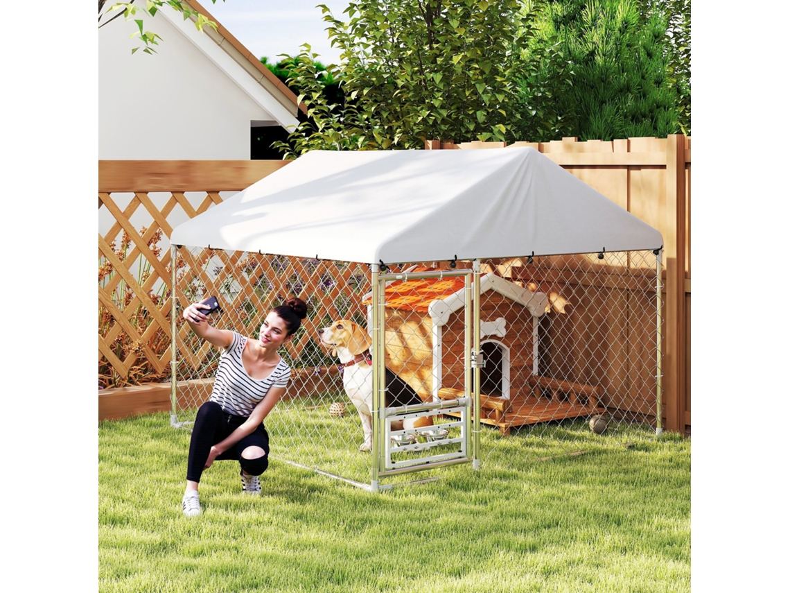 Canil Exterior Com Toldo 2x2x1.54 M Gaiola Em Aço Galvanizado Supte P/ Comida Giratório E Ajustável Prata