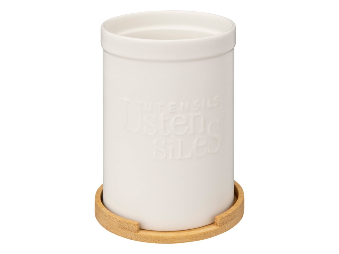 Frasco para Utensílios de Cerâmica Natureo com Bandeja de Bambu Branco FIVE