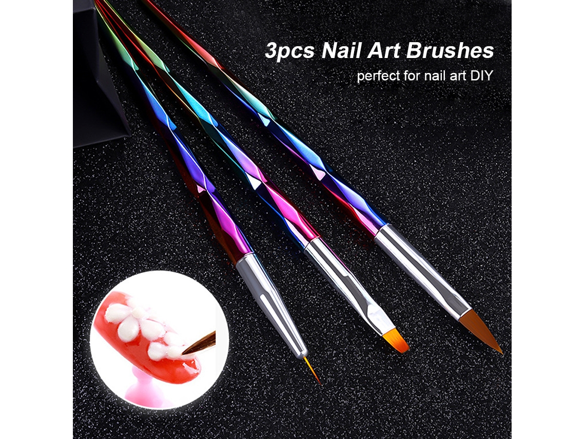 Conjunto de 3 pincéis para nail art, ideais para pintar e desenhar com acrílico e gel UV. Ferramentas para unhas feitas em casa.