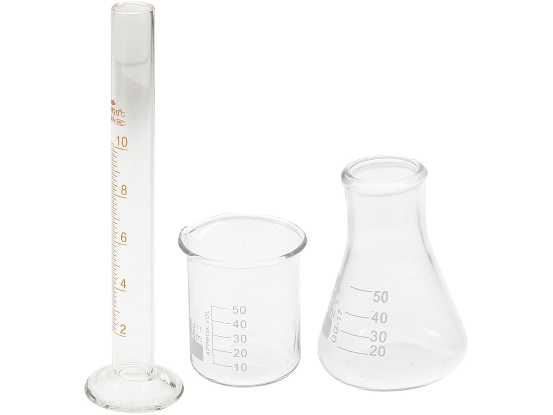 Kit Científico De 3 Peças: Béquer De Vidro, Proveta Graduada E Erlenmeyer.