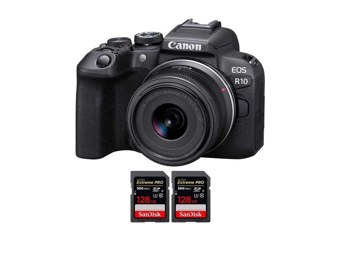 Eos R10 + Rf S 18 45mm F4.5 6.3 Is Stm + 2 Sandisk 128gb Uhs ii 300mb/s Máquina Fotográfica Híbrida Aps c + Ebook Pricedirect CANON