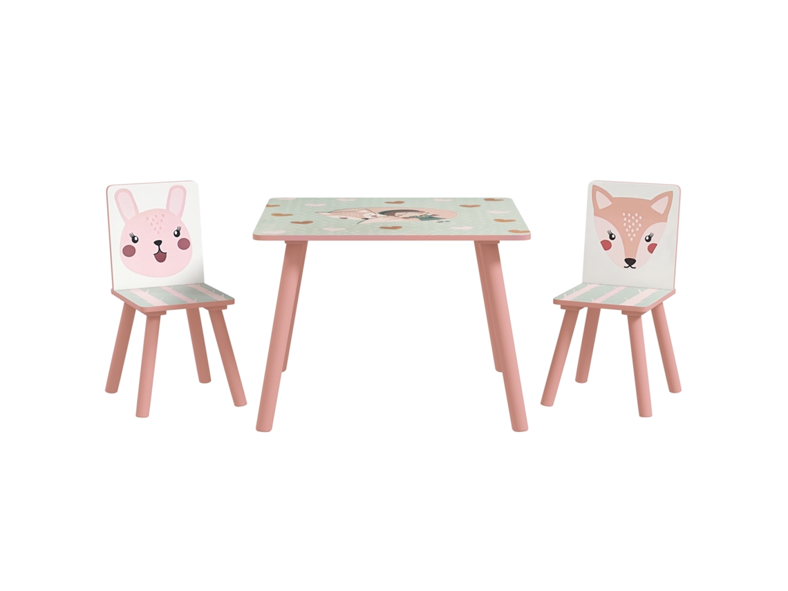 Mesa e 2 cadeiras infantil BTFORUS, de pinho, tema animal, quarto, 3-8 anos, rosa