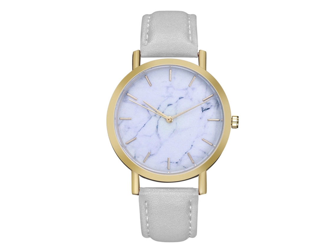 Relógio de pulso unissex moderno em couro com mecanismo de quartzo e pulseira cinza, ideal para homens e mulheres.