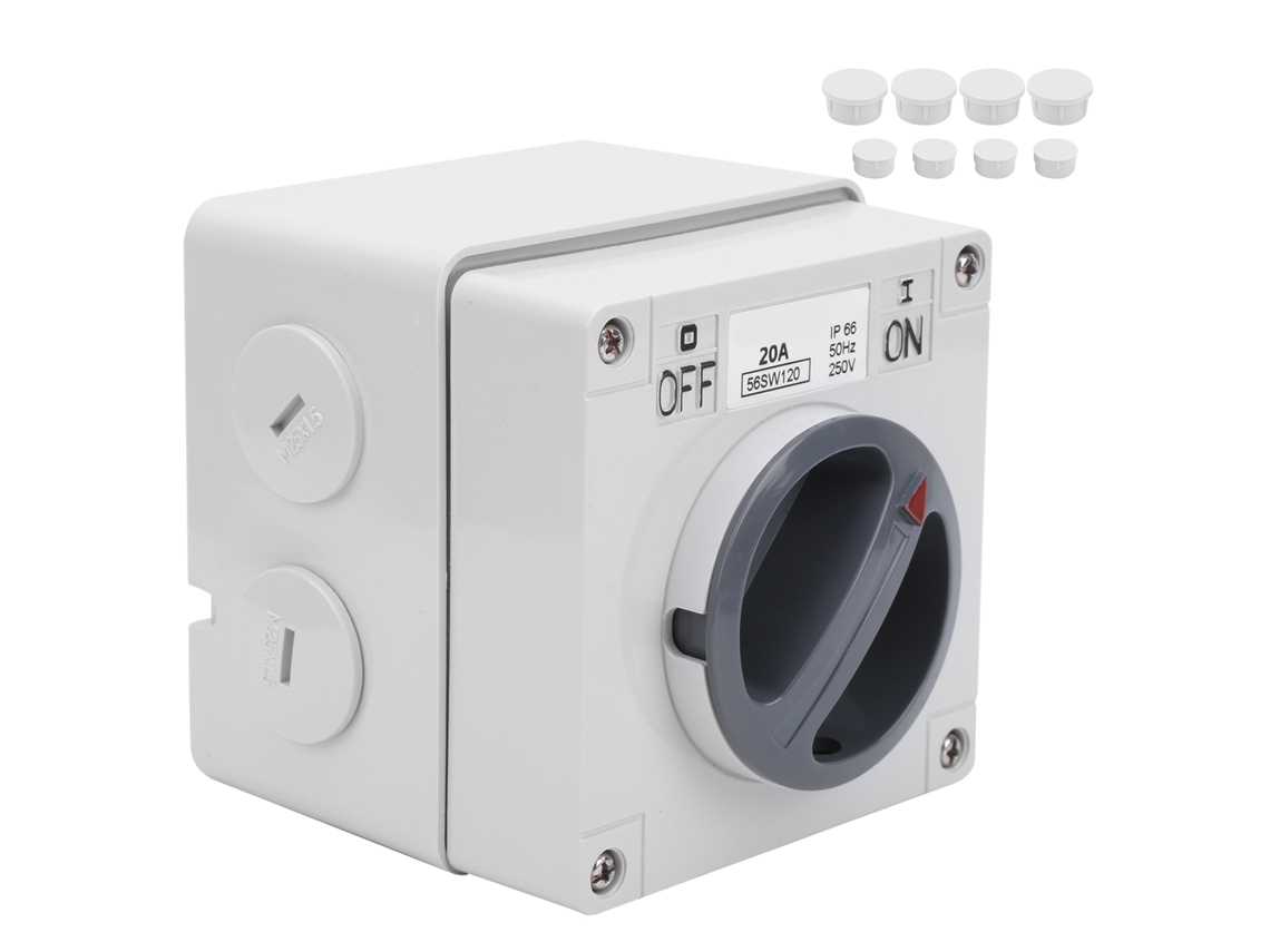 Interruptor e tomada exterior, 1P, 20A, 250V, com botões rotatórios e indicadores