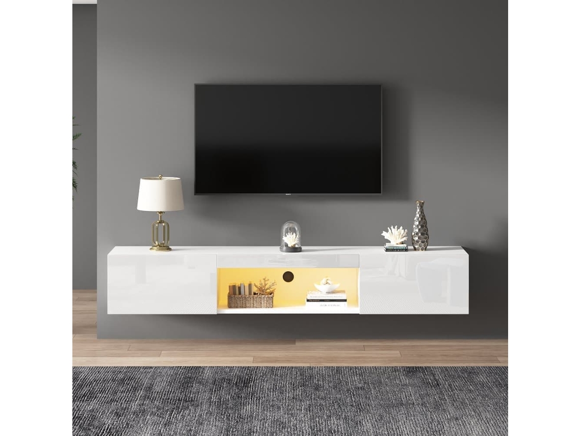 Móvel De Tv Montado Na Parede 160x31x22cm - Branco, Com Iluminação Led, Controlo Por Aplicação Bluetooth, Capacidade De Carga 30kg