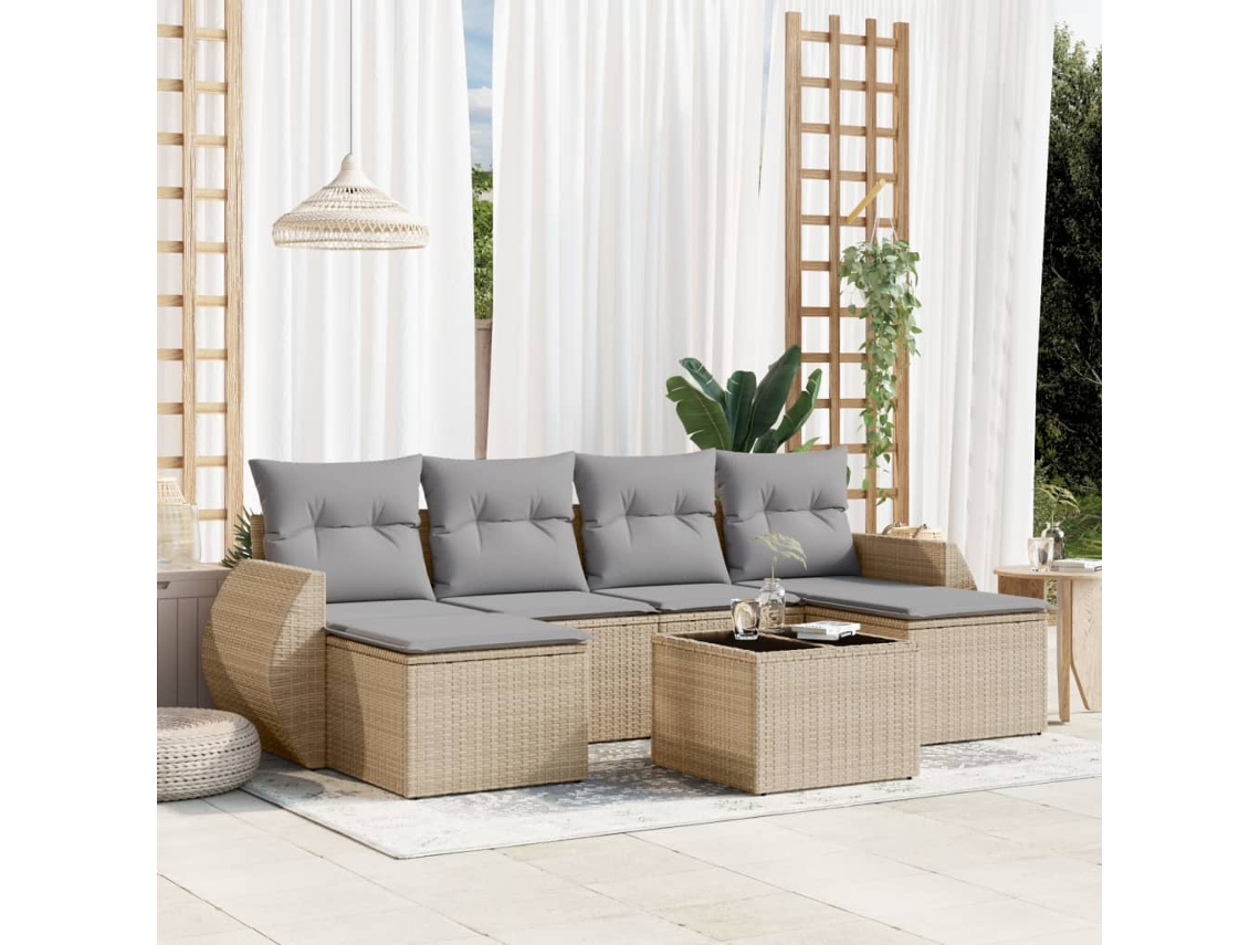 Vidaxl 7 Pcs Conjunto de Sofás P/ Jardim com Almofadões Vime Pe Bege