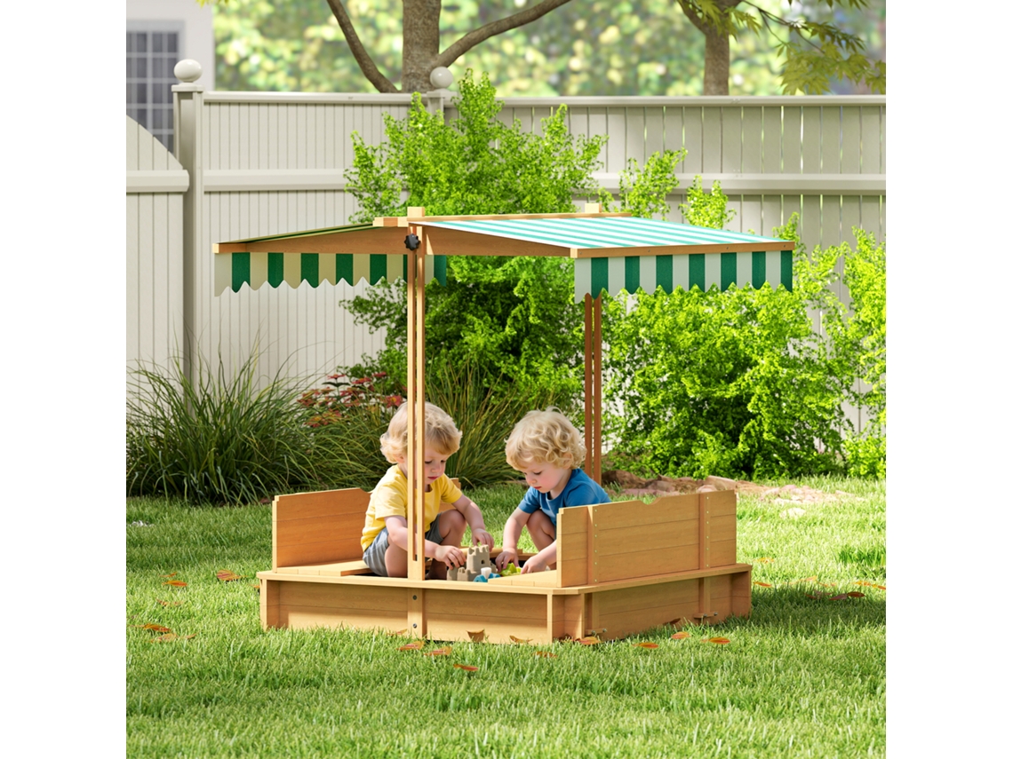 Caixa De Areia Infantil Em Madeira Marrom Claro 106x106 Cm, Com Bancos Ajustáveis Em Altura E Encostos Na Tampa