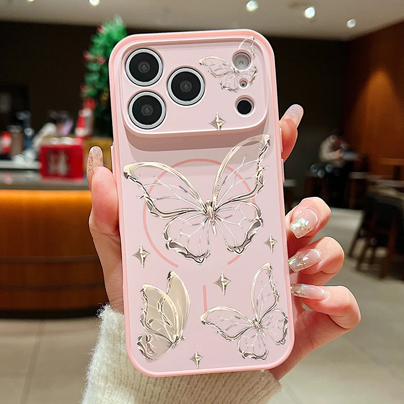 Capa Magnética Rígida De Policarbonato Para Iphone 13 Pro Max Com Estampa De Borboleta Dourada (rosa).