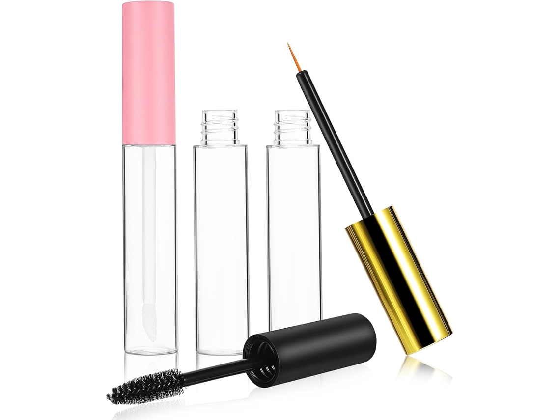 Kit com 3 tubos vazios de rímel e brilho labial com aplicadores.