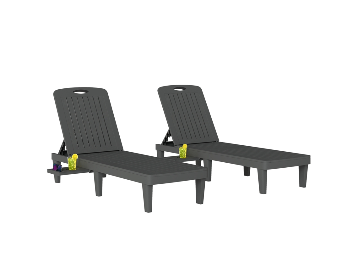 Conjunto de 2 Espreguiçadeiras Reclináveis de Plástico Pp com Bandeja Lateral,encosto Ajustável em 5 Níveis,192x57x28.5cm,cinza BTFORUS