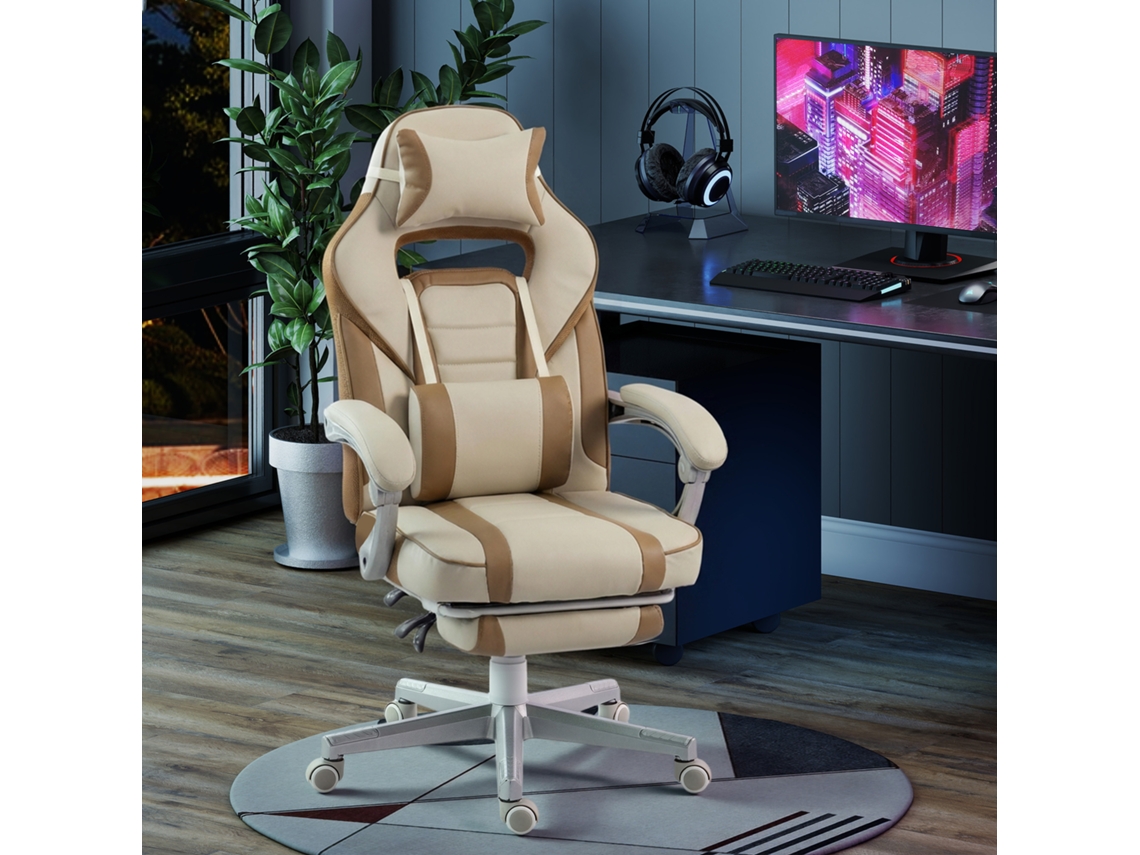 Cadeira Gamer Reclinável com Alt.ajust. Apoio para Pés Retrátil Suporte Lombar e Almofada de Cabeça Removível Creme