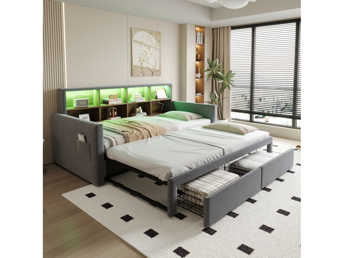 Sofá-cama Retrátil 90/180x190cm, Cabeceira Com Nichos, Luz Led, Tomadas, Duas Gavetas E Ripas, Veludo Cinza Escuro.