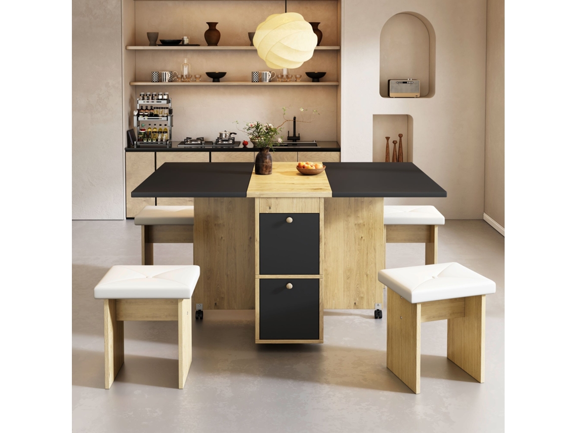 Conjunto De Mesa De Jantar 120x80x75 Cm Mesa Dobrável E Extensível, 4 Cadeiras, Multifuncional Branco Carvalho Preto Estilo