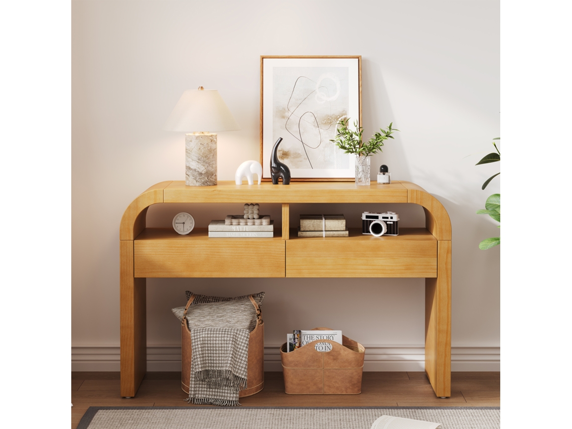 Mesa Console Entrada Natural Estreita Com Gavetas, Frente Curva, Pés Ajustáveis Cs