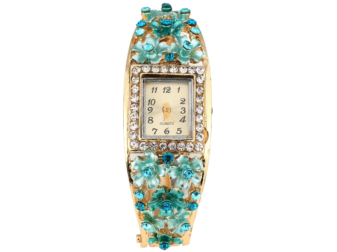 Relógio de Pulso Feminino de Quartzo com Pulseira de Liga Strass e Padrão Floral Elegante 1