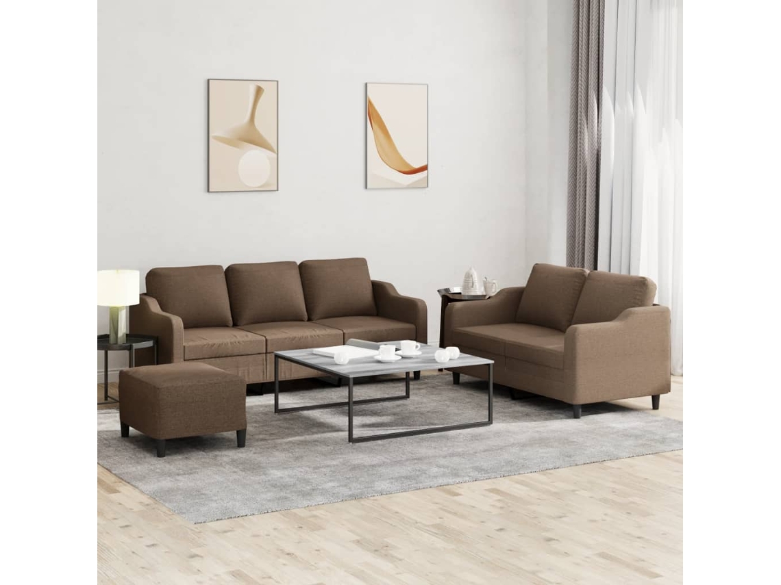 Vidaxl 3 Pcs Conjunto De Sofás Com Almofadões Tecido Castanho