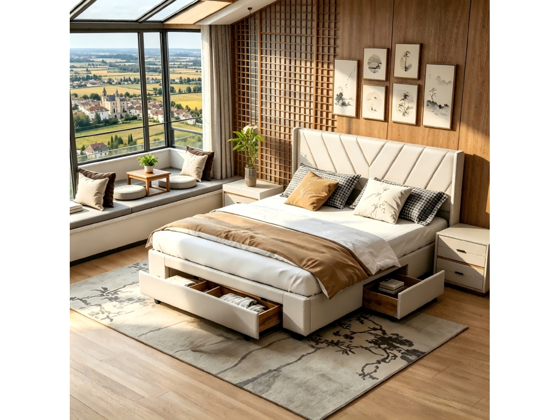 Cama com Armazenamento 140x190, 3 Gavetas, Base de Ripas, Bege, Sem Colchão, MDF | S/MARCA