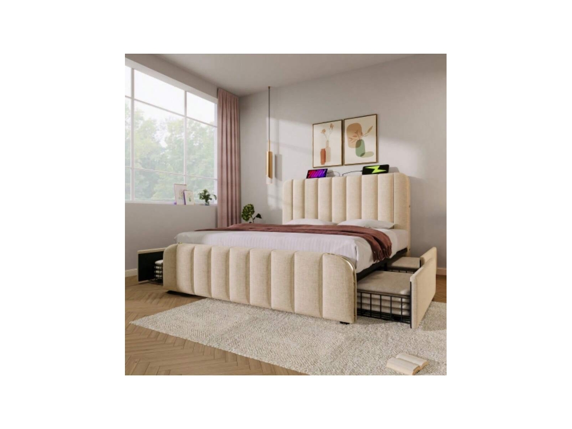 Cama 140x200cm Bege Com Cabeceira Dupla Acolchoada, 4 Gavetas, Faixas Douradas, Porta Usb C, Suporta Até 181kg . Hvorstur (com Colchão)