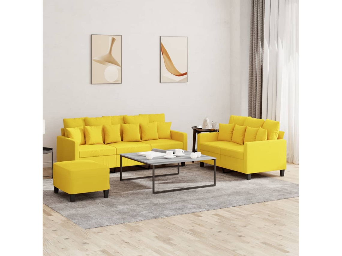 Vidaxl 3 Pcs Conjunto De Sofás Com Almofadões Tecido Amarelo-claro