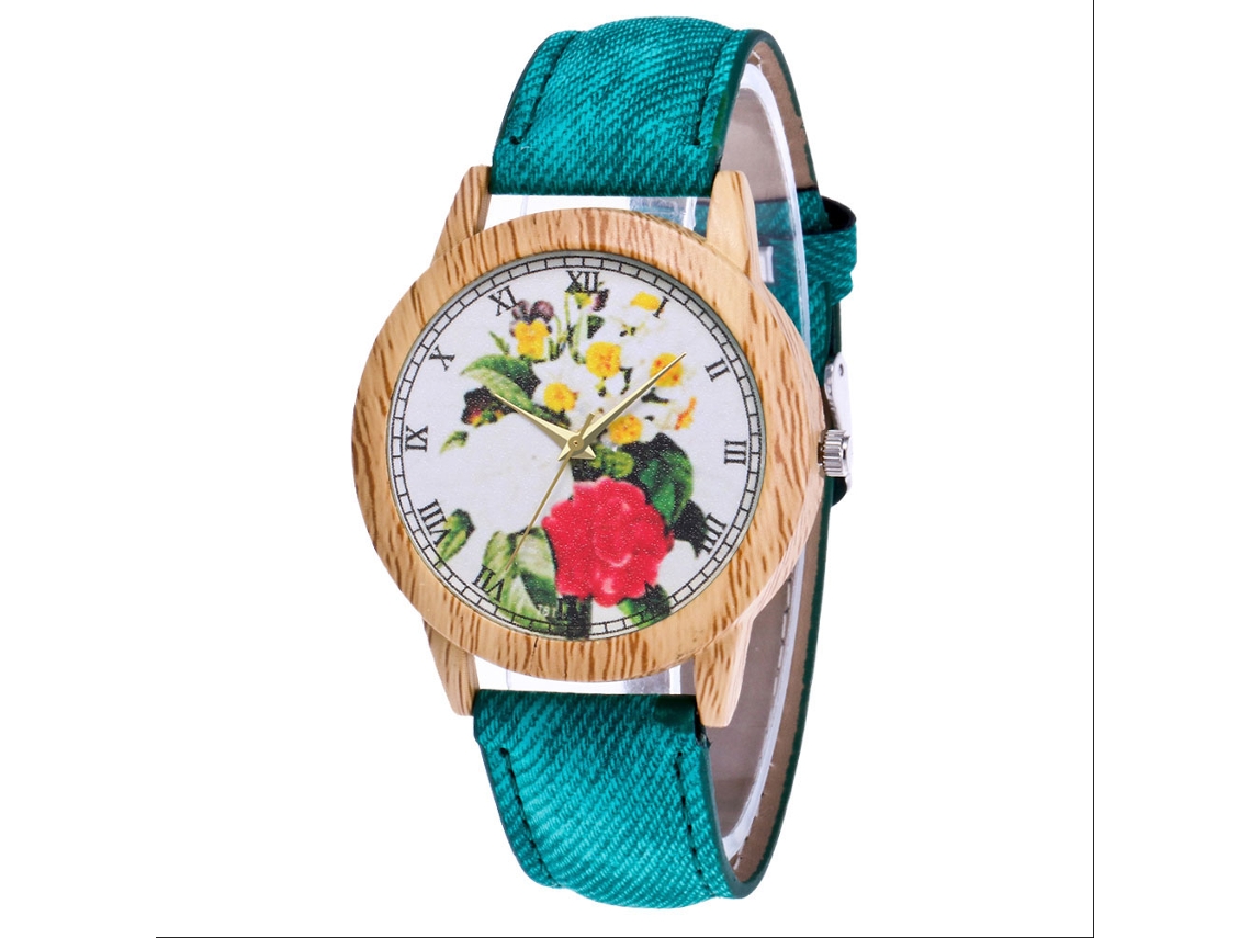 Relógio de Pulso Feminino Jeans Floral Retro Moda com Pulseira de Couro Quartzo Verde