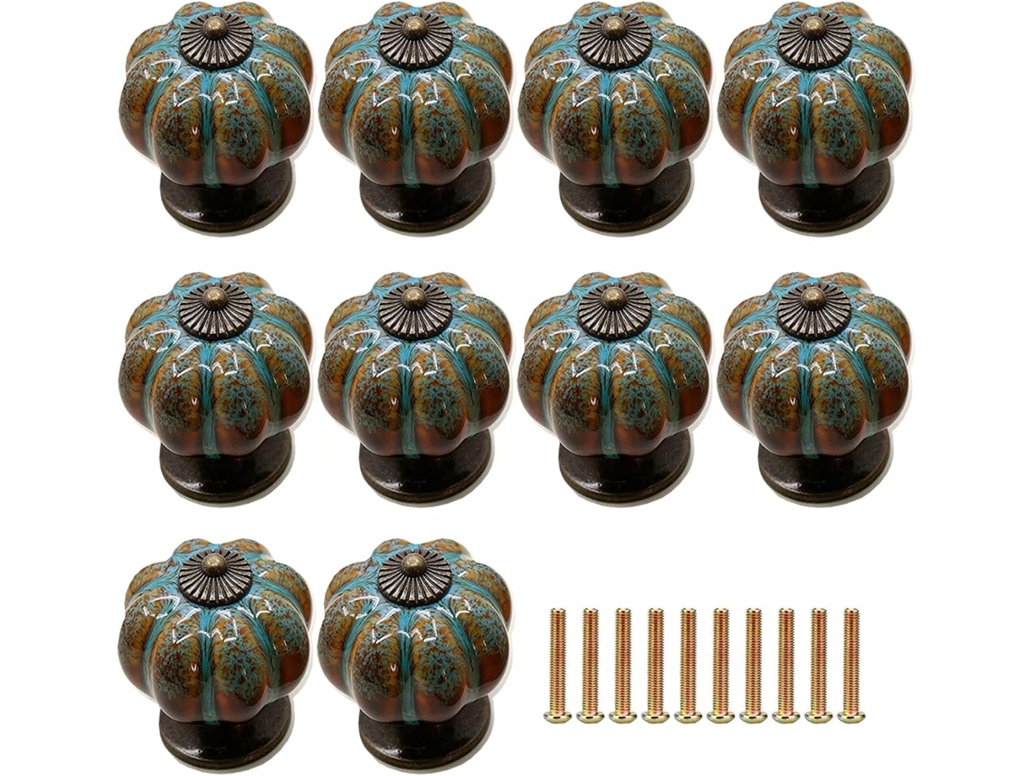 Conjunto De 10 Puxadores Abóbora Em Cerâmica Com Acabamento Latão Antigo, Material Moderno, Fáceis De Instalar, Ideais