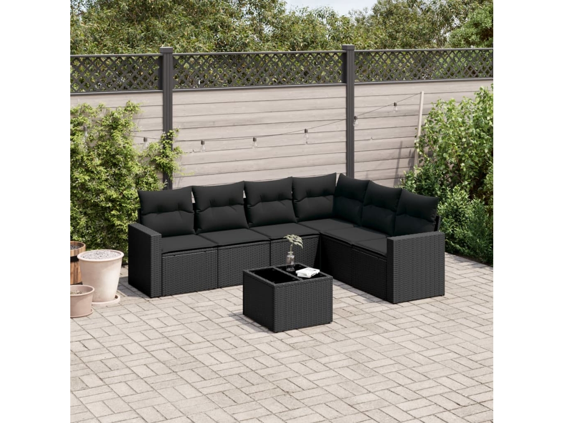 Jogo de Sofá 7 Peças P/ Jardim C/ Almofadões Vime Pe Preto Dkd Home Decor