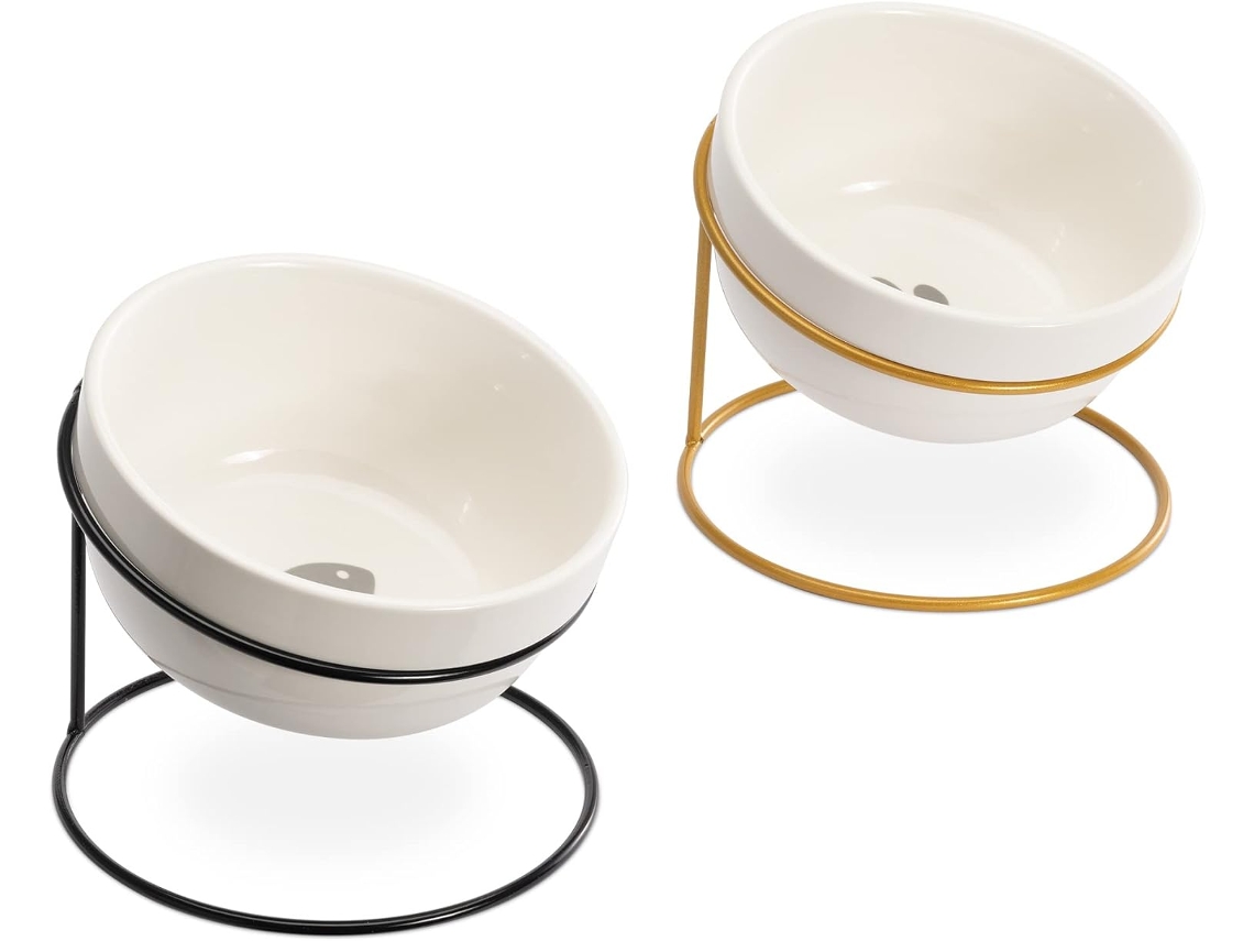 Conjunto de 2 Comedouros Inclináveis ​​com Suporte, em Cerâmica, para Gatos e Cães de Pequeno Porte, nas Cores Preto e Dourado AQUAFORGE