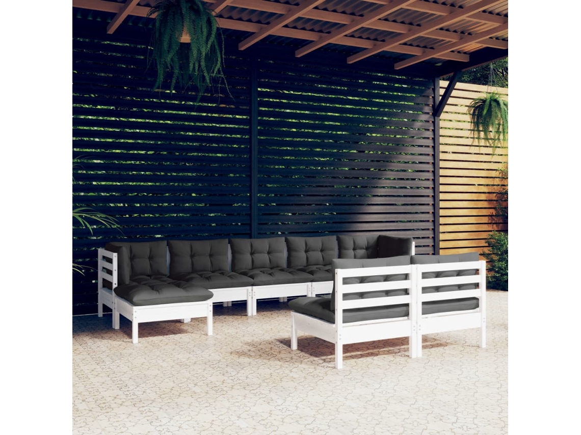 Conjunto Lounge Jardim 9 Peças C/ Almofadões Pinho Branco Dkd Home Decor