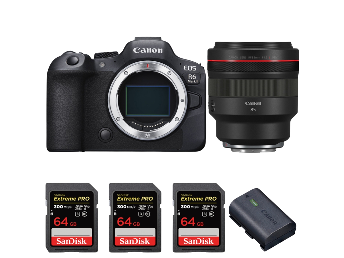 Eos R6 Mark Ii + Rf 85mm F/1.2 L Usm + 3 Sandisk 64gb Uhs ii 300mb/s + 1 Canon Lp e6nh + Ebook “20 Dicas para Fotos Que Impressionam” CANON