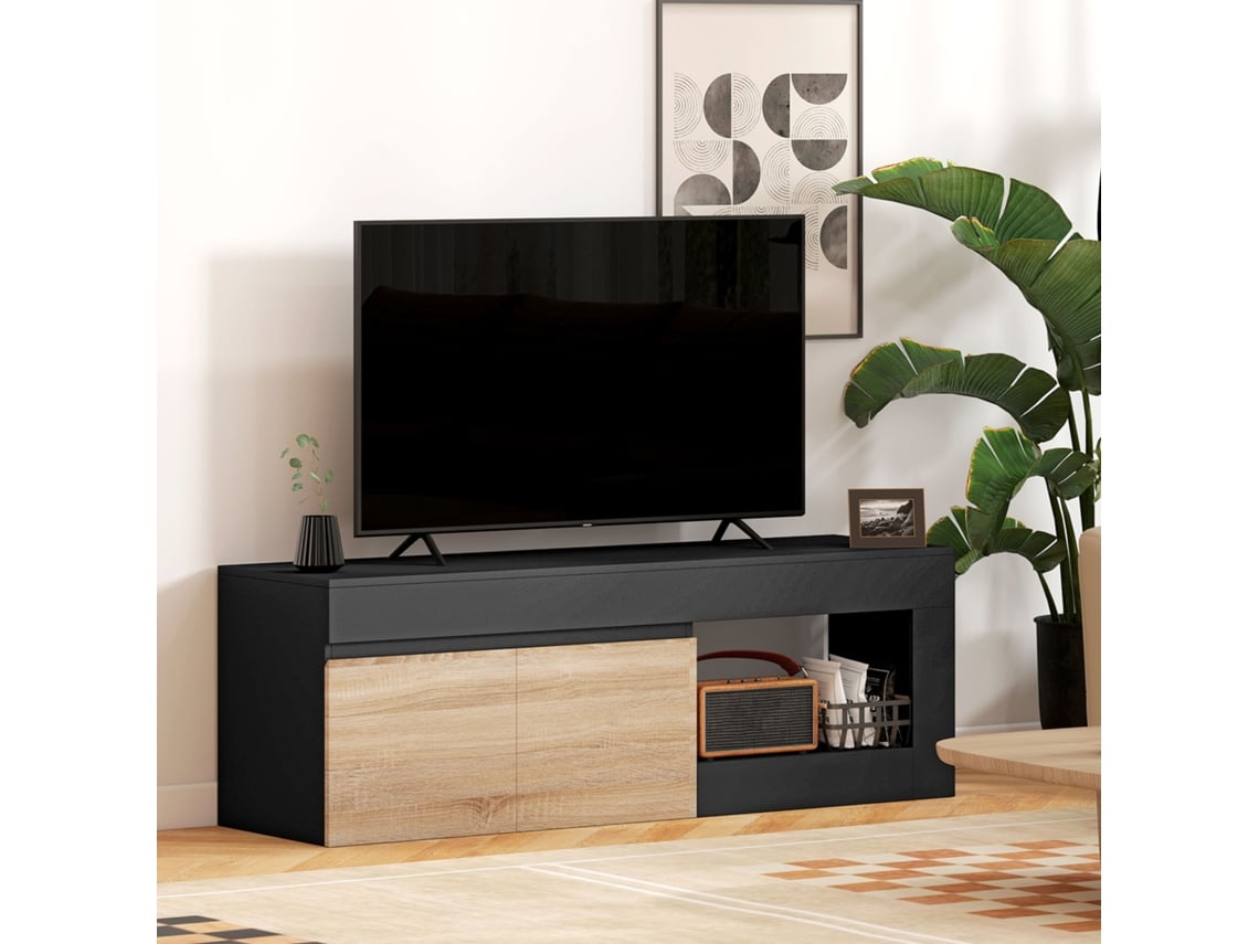 Móvel De Tv Com 2 Portas Para Televisores Até 60 Polegadas, Móvel De Televisão Com Armário E Prateleira Aberta, Preto