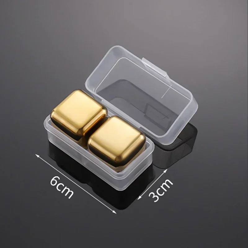 Cubos de Gelo Reutilizáveis em Aço Inoxidável, Congelamento Rápido, Metal Próprio para Contato com Alimentos. MDUG (dourado, 2 Unidades)