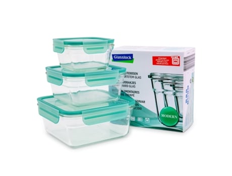 Conjunto de 3 Recipientes Quadrados de Vidro para Forno de 0,4L, 0,9L e 1,6L. Verde GLASSLOCK
