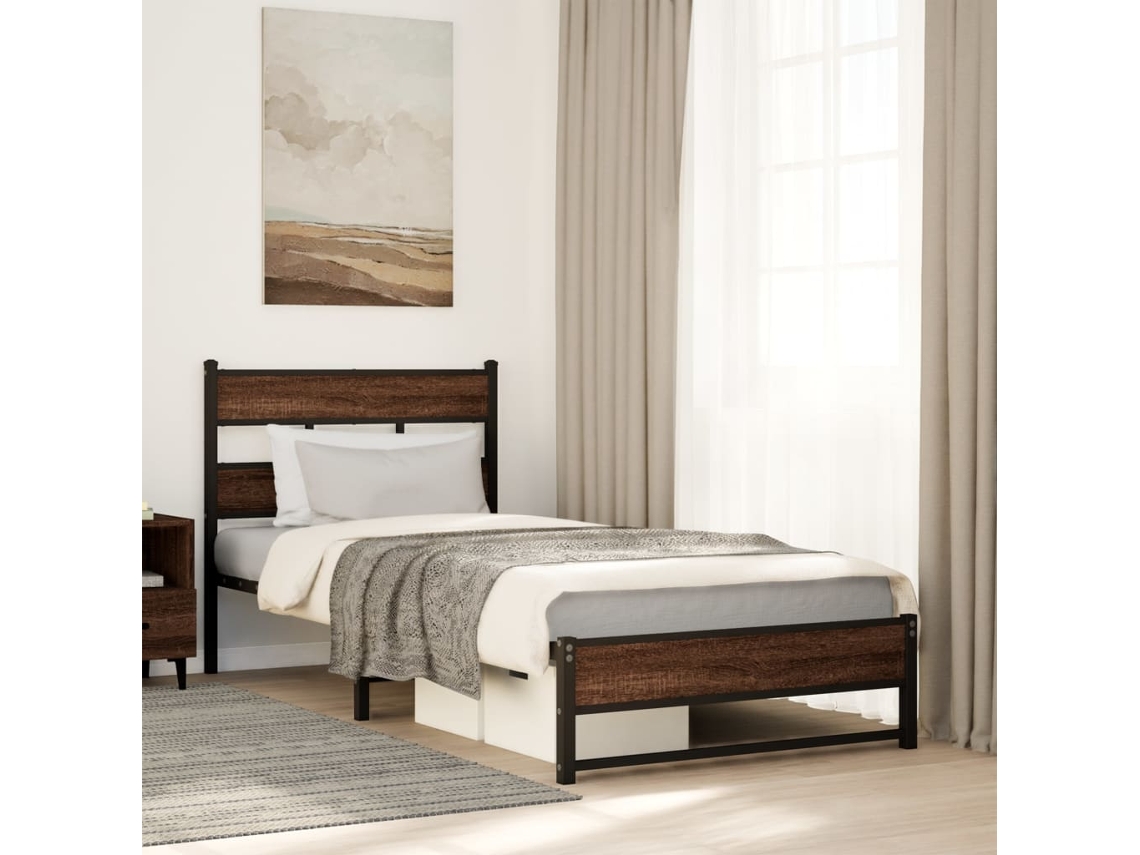 Vidaxl Estrutura De Cama Sem Colchão 75x190 Cm Metal Carvalho Castanho