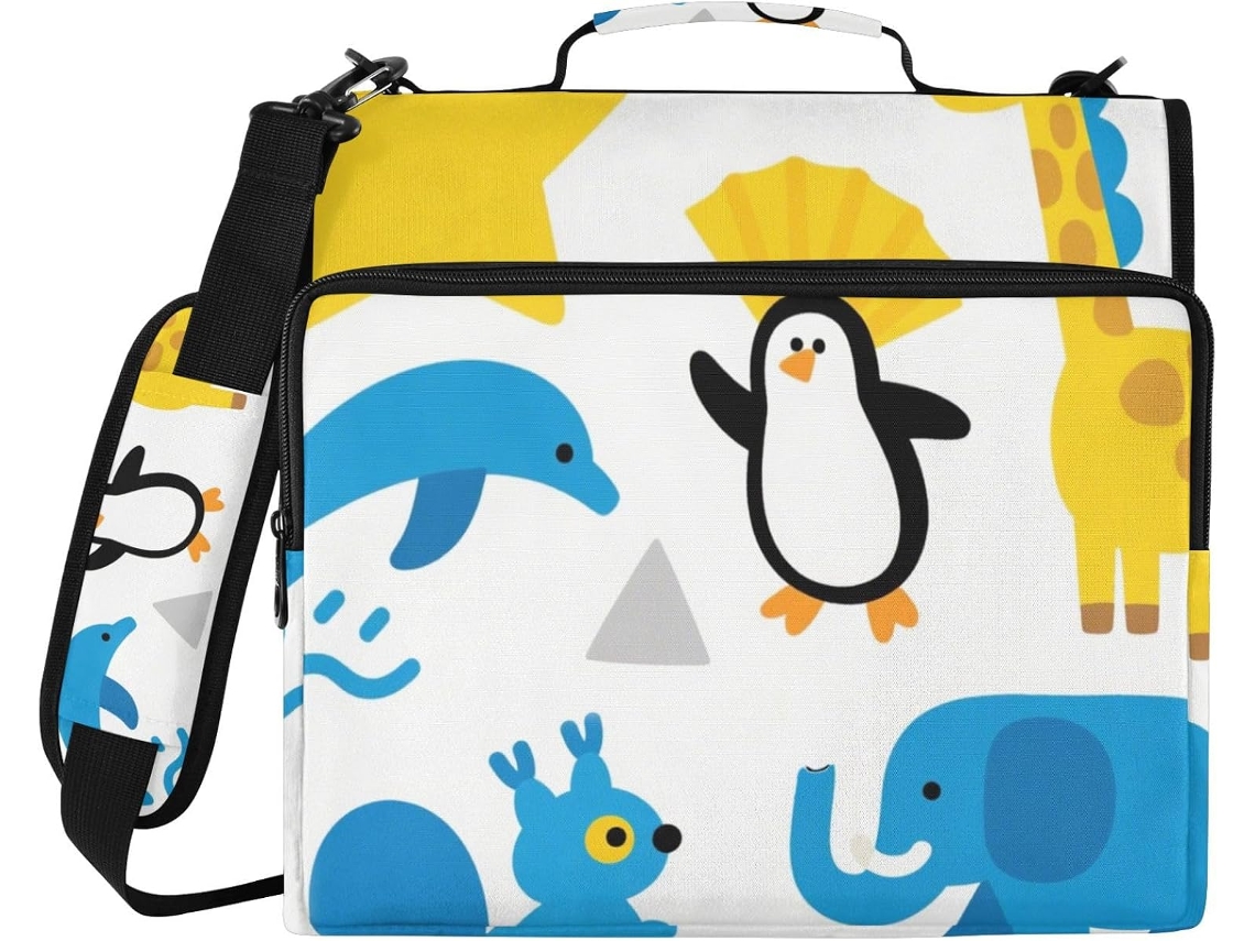 Organizador de massas com zíper, 3 argolas, estampa de girafas e elefantes em amarelo e azul, com altura ajustável.