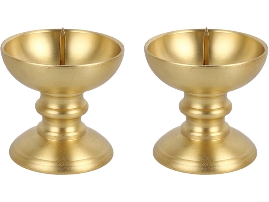 Conjunto De 2 Castiçais Budistas Em Latão Com Base Metálica Estável Para Velas Pequenas.