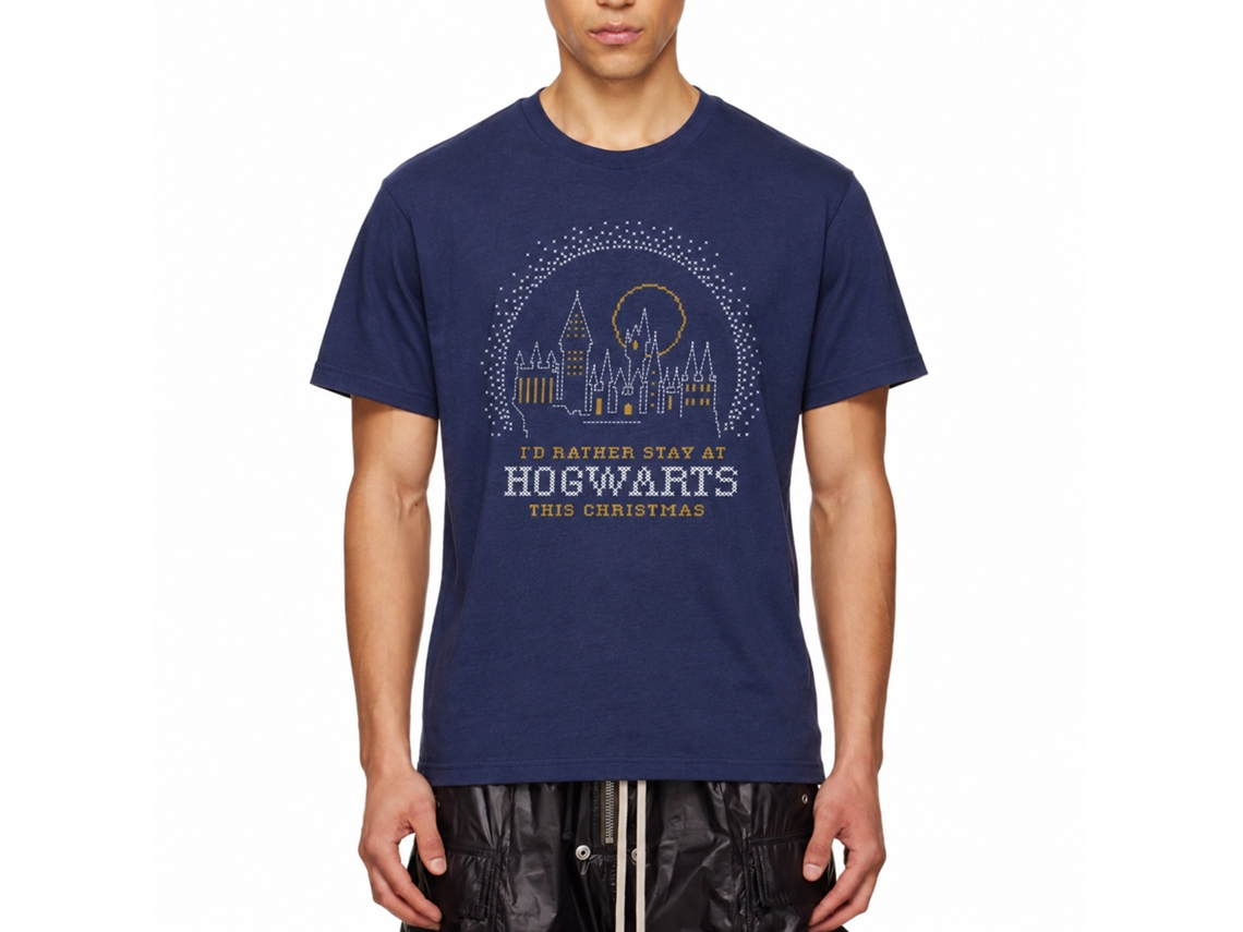 Rockinstone Harry Potter I'd Rather Stay At Hogwarts This Christmas Navy T-shirt Size:s