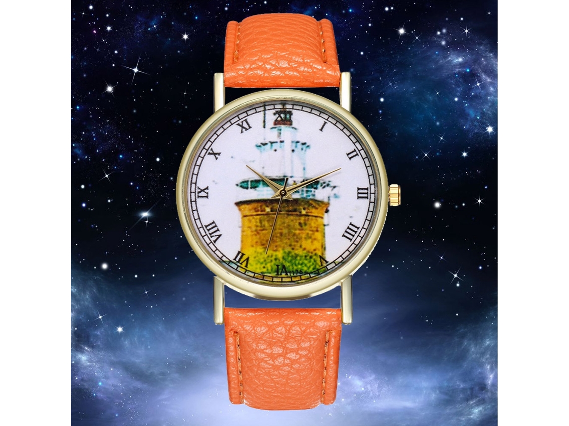 Relógio de quartzo com pulseira de couro, estilo simples e moderno, decorado à mão, laranja.