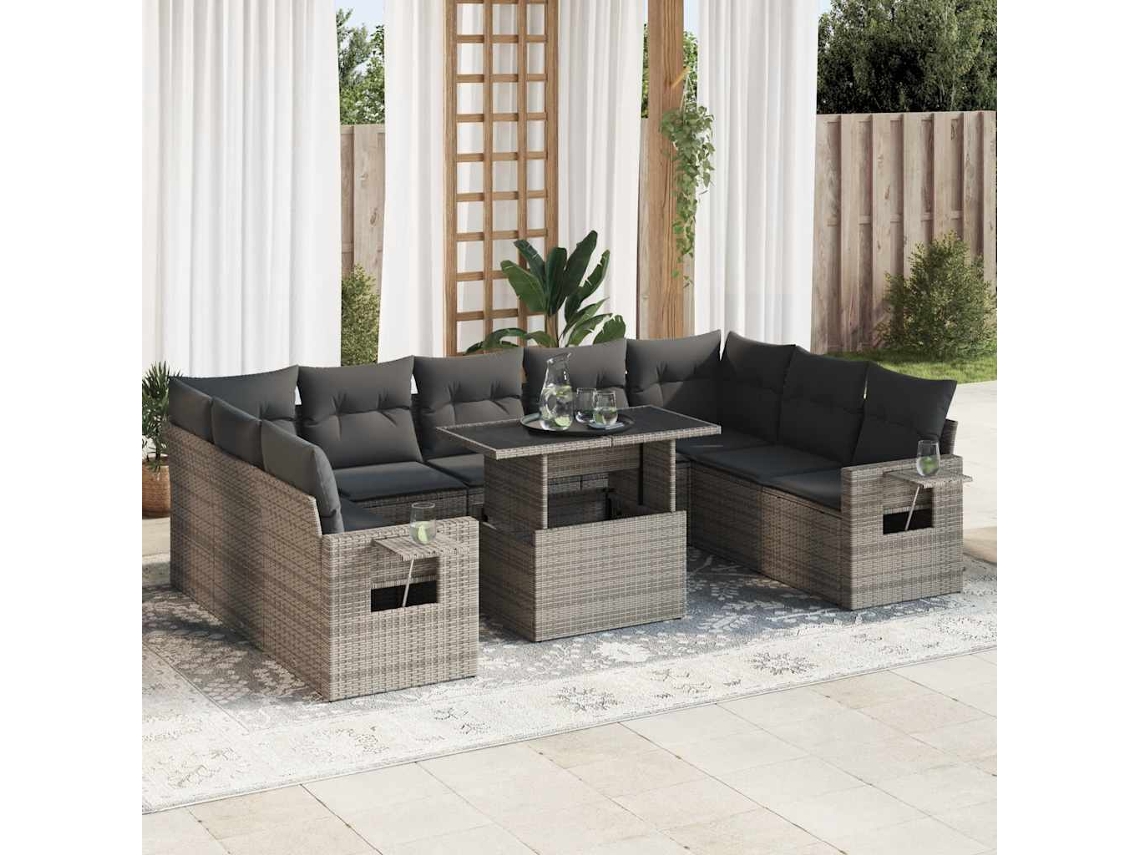 Vidaxl 10 Pcs Conjunto Sofás De Jardim C/ Almofadões Vime Pe Cinzento