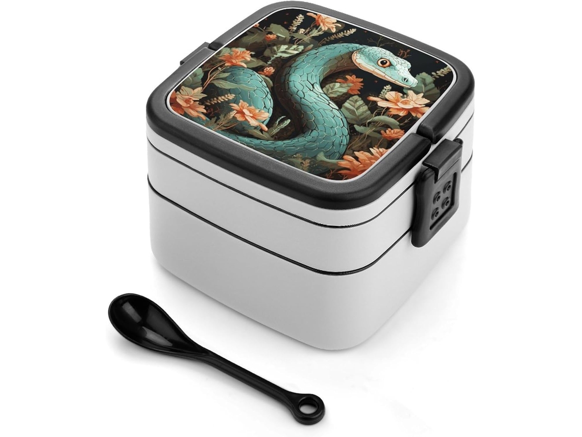 Marmita Bento De Camada Dupla Com Estampa Cobra E Flor, Design Minimalista Moderno, Empilhável, À Prova De Vazamentos