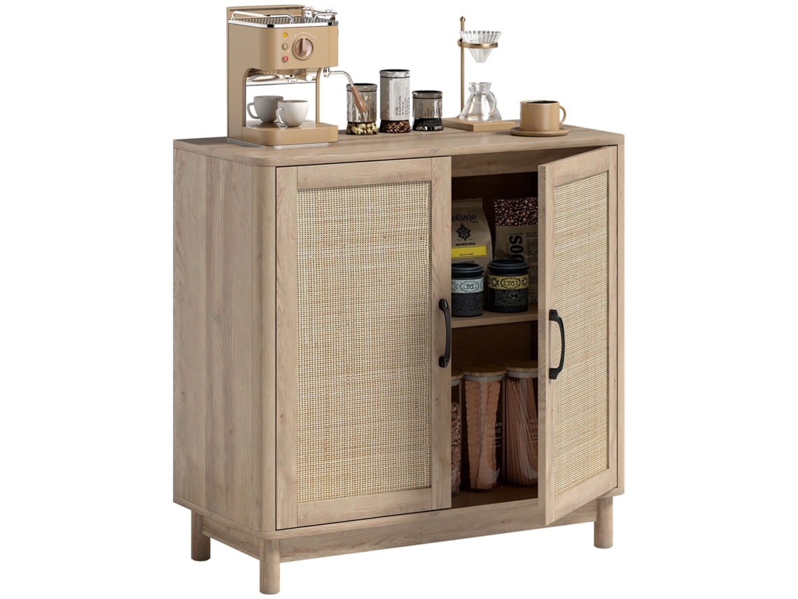 Aparador Para Sala De Estar, Móvel De Arrumação Com 2 Portas Em Rattan, Prateleira Ajustável E Bordas Arredondadas, 76 X 35 X 75,5 Cm, Carvalho.
