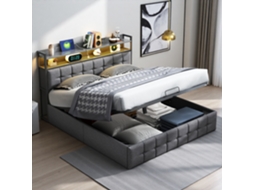 Cama De Casal 160x200 Cm Estofada Em Tecido Cinza,cabeceira Com Luz Led,tomadas E Posto De Carregamento,caixa Hidráulica De Armazenamento