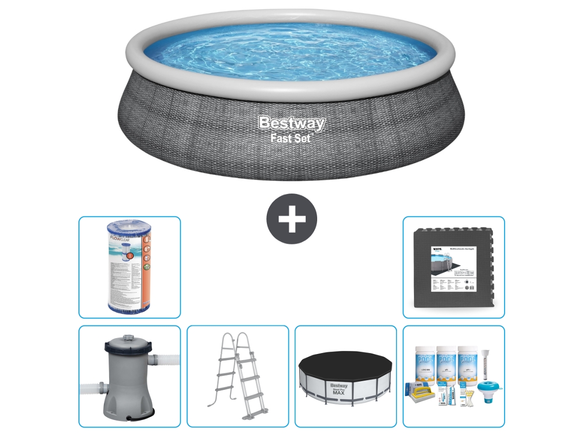Piscina Inflável Redonda BESTWAY de Conjunto Rápido Estampa de Rattan 457 X 107 Cm Incluindo Bomba Escada Acessórios Cb23