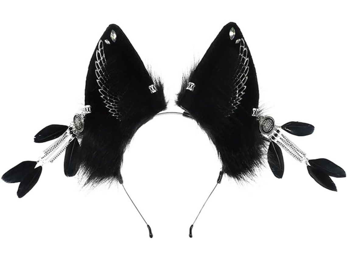 Tiara com Orelhas de Lobo, Penas e Brincos Estilo Gótico SFUSHOS