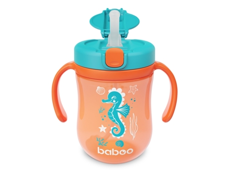 BABOO Copo com Palhinha de Silicone com Bola de Gravidade 300 Ml Sea Life Laranja a Partir dos 9 Meses