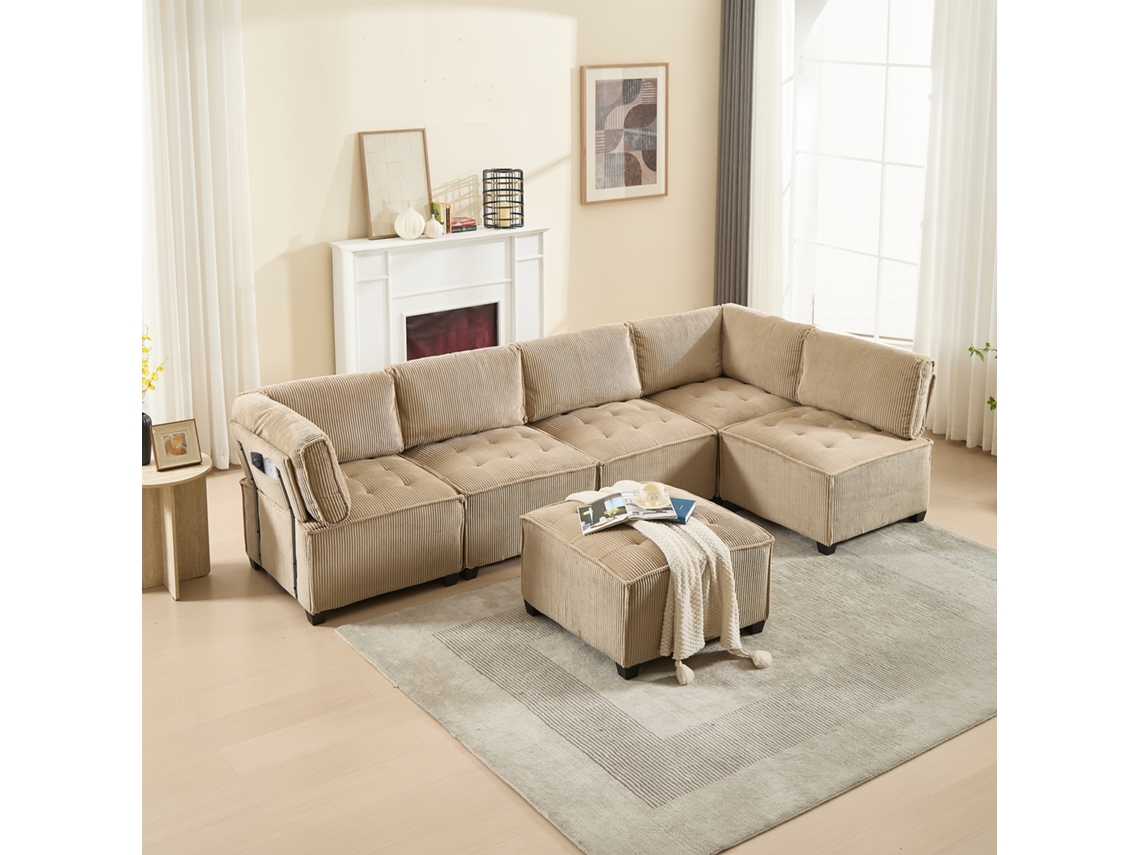 Sofá Modular 6 Lugares, Veludo, Ergonômico, Bolsos, Configurável Em U/l/cama, Estrutura Madeira/metal, Cáqui