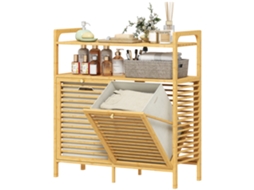 Armário De Banheiro Em Bambu Com 2 Cestos De Roupa Suja E 2 Prateleiras, 82x33x88cm, Madeira Natural