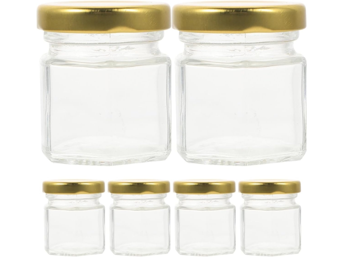 Conjunto De 6 Potes Vidro Com Tampas Metálicas Herméticas, Potes Hexagonais De 60ml Para Conservas E Uso Na Cozinha, Com