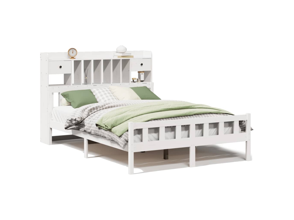 Cama com Estante Pinho Maciço Branco MAISON EXCLUSIVE (150x200 cm)